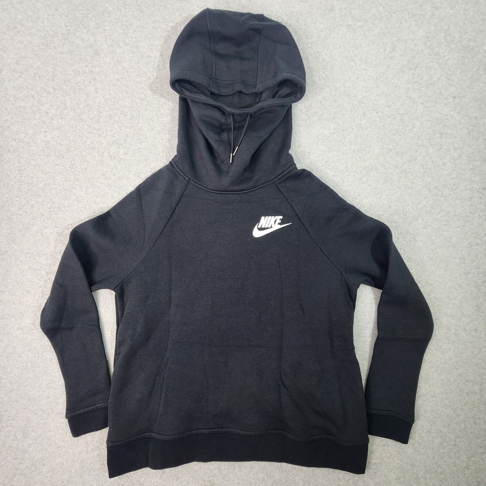 Nike High Neck Hoodie Womens Size Medium Black Pocket Sweatshirt Swoosh Red Tag